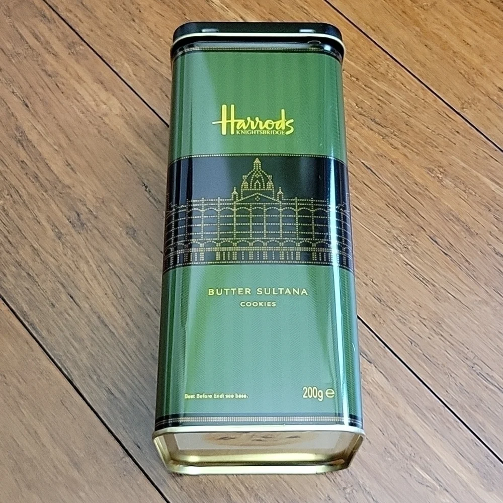 Harrods Knightbridge Butter Sultana Collectible Cookie Tin, Dark Green/Black